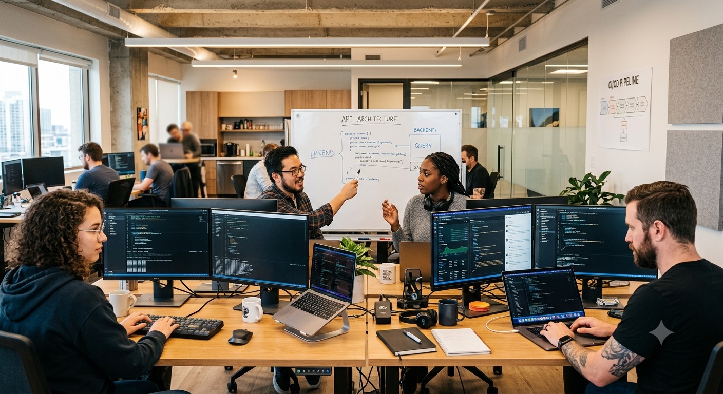 The Business IT Solutions team working together in the office